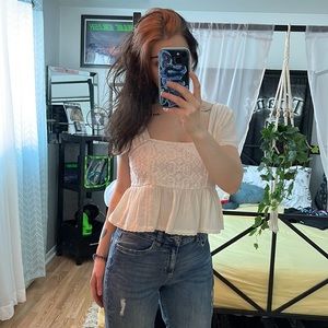 American Eagle Cropped Embroidered Babydoll Top in Toasted Coconut